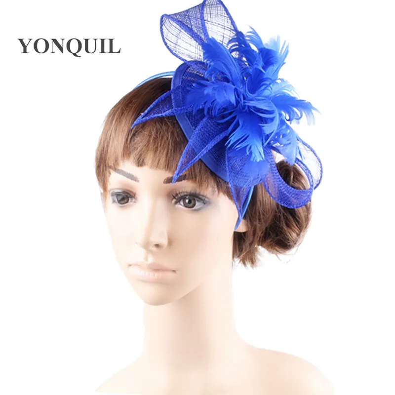 

Free shipping Royal Blue sinamay hats feather flower fascinators for party hats bridal hair accessories cocktail hats OF153506
