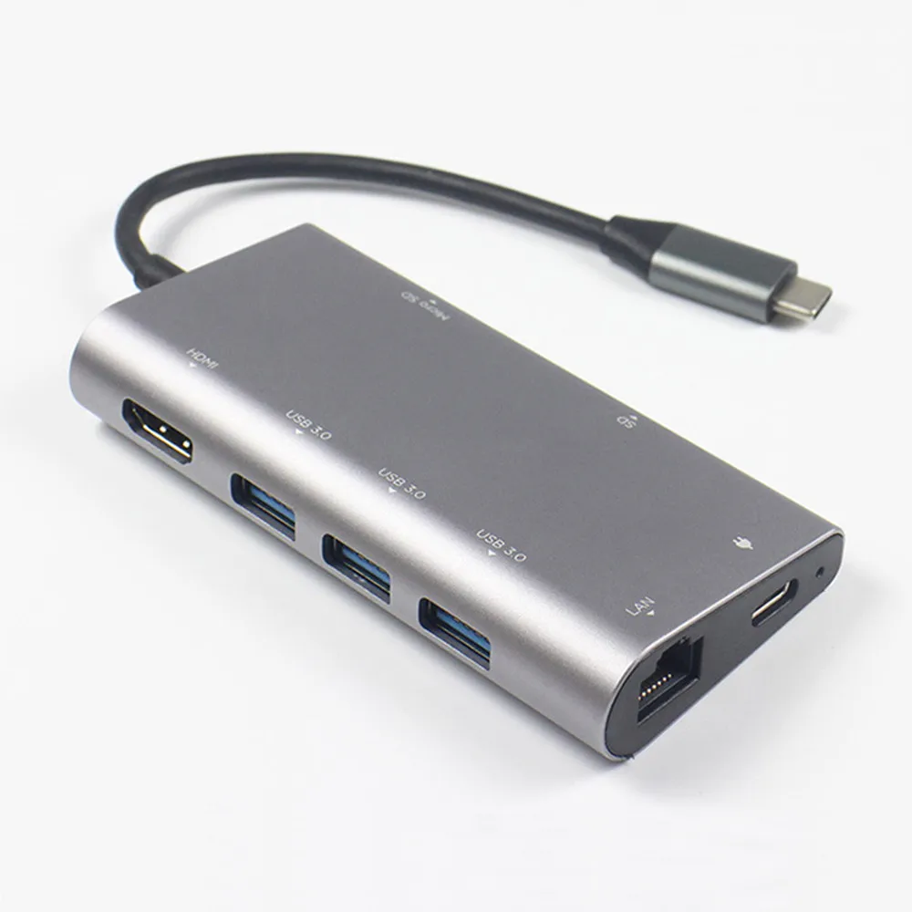 

Type-C To HDMi Male To Female HD Conversion HUB Eight In One HUB With Gigabit Network Card 4K Converter HDMI/Type-C/PD/USB3. 0