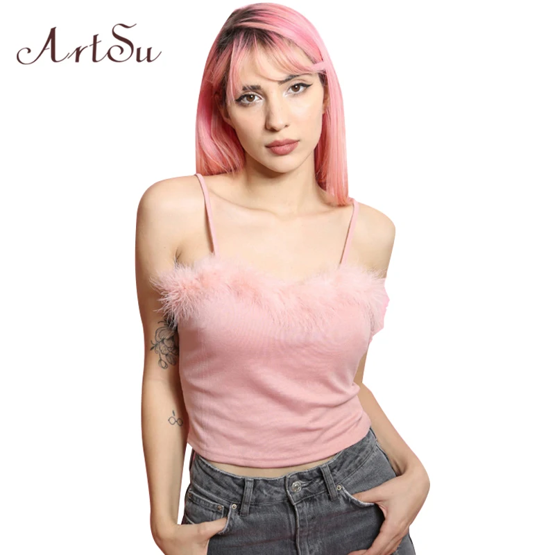 

ArtSu Women Sexy Camisole Tank Top Pink Sleeveless Backless Fitness Crop Tops Fake Feathers Solid Basic Summer ASVE20084