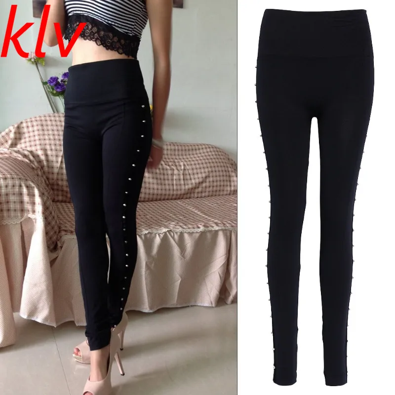 

Womens High Waist Cotton Blend Stretch Pencil Pants Side Rivet Leggings