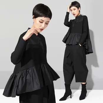 

New Women Spring Autumn High Street Fashion Stand Collar Button Asymmetrical T Shirt Tops Female Casual Loose Personality Shirt