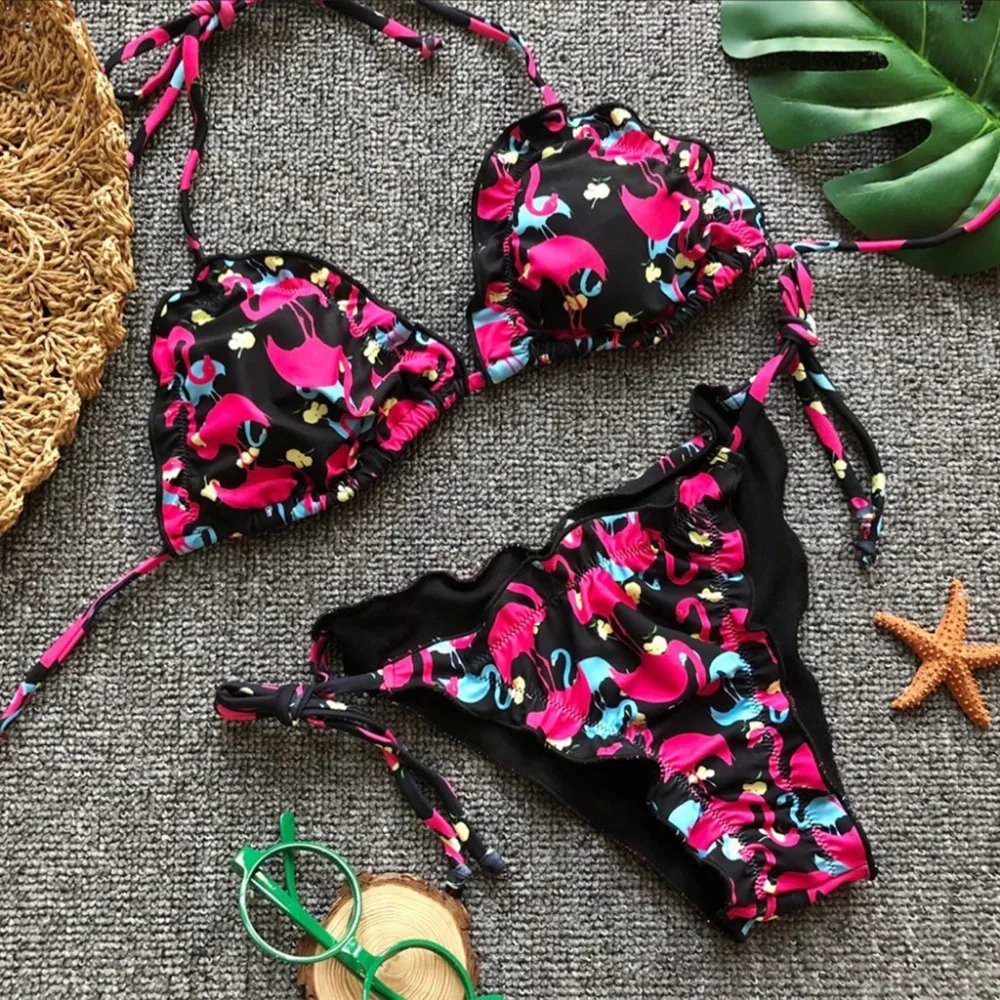 Women Flamingos Printed Tankini Bandage Bikinis Set Low Waist Swimwear Fold Bathing Suit Padded Biquinis maillot de bain femme L