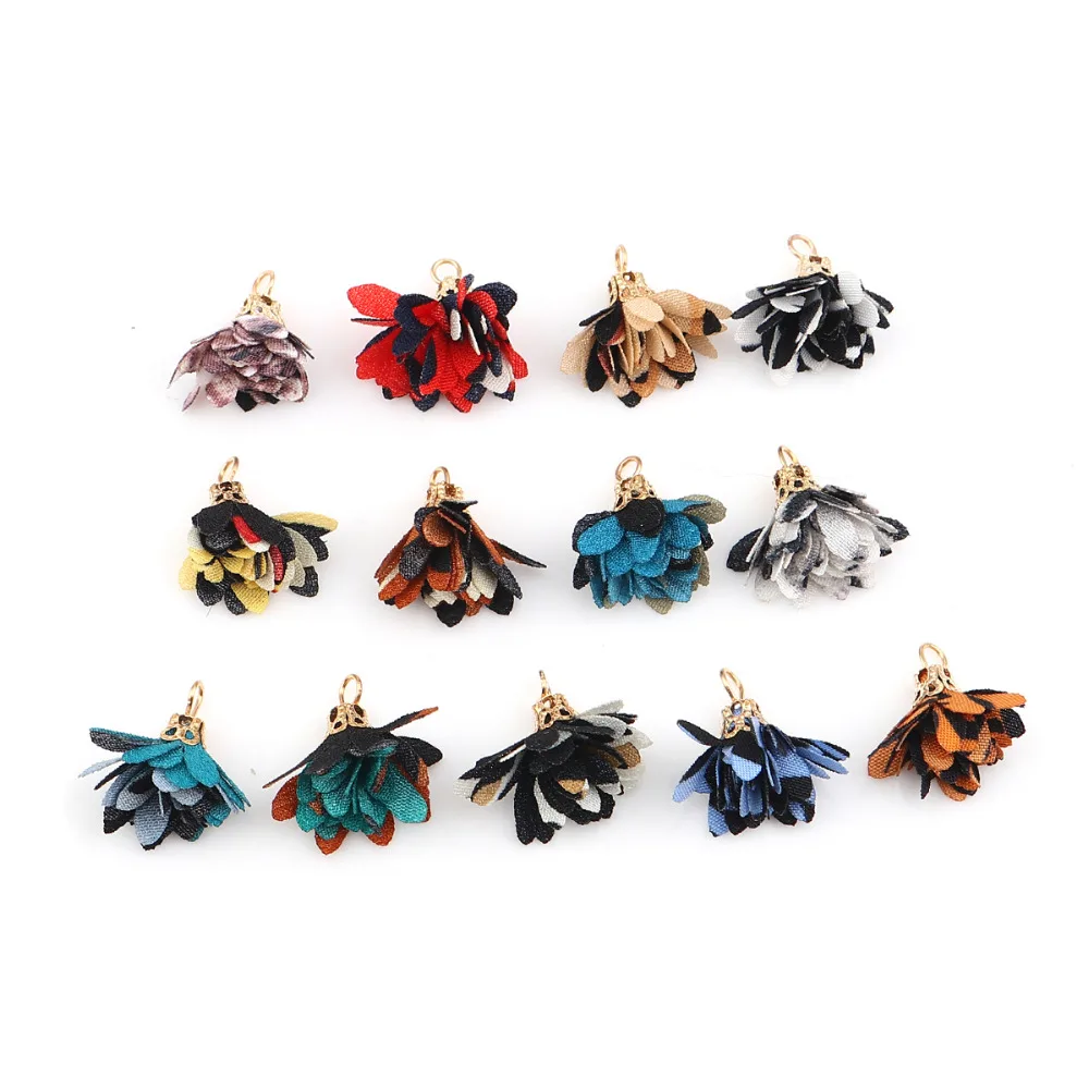

DoreenBeads Fashion Zinc Based Alloy & Fabric Tassel Pendant Flower Gold Colorful Print DIY Charms 18 x16mm- 17mm x13mm, 20 PCs