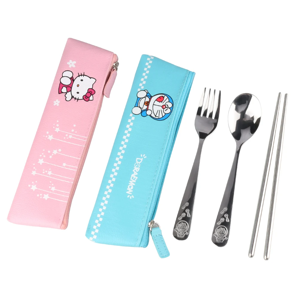 

Cartoon Hello kitty Dinnerware set for Kids Tableware 3pcs/set Stainless Steel Travel Tableware Dinnerware Set X