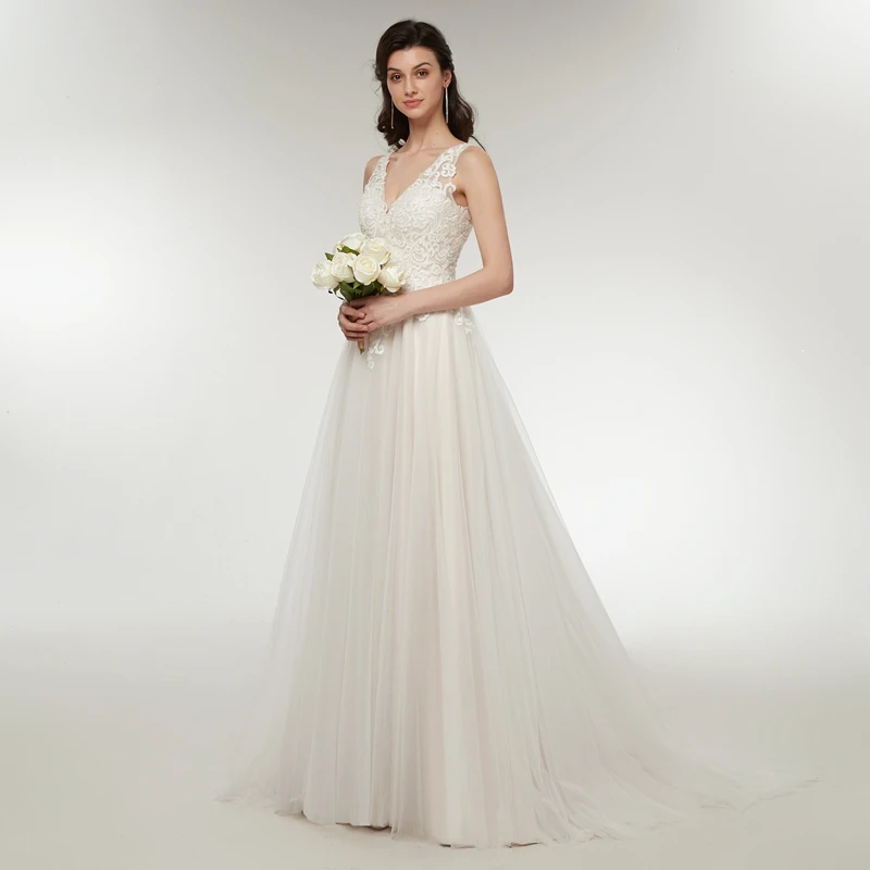 Beautiful Appliques Lace Pearls Backless Princess Beach V-neck Sleeveless Wedding Dress