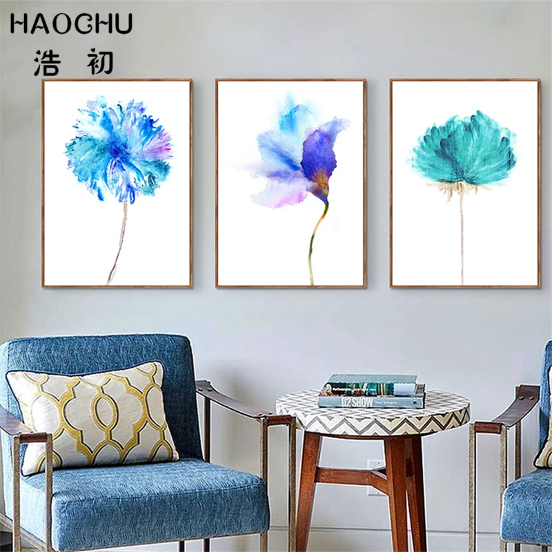 HAOCHU Акварельная розовая синяя Цветочная Картина на холсте нордический