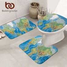 BeddingOutlet Карта мира Анти-скольжения Ванная комната коврики домашний декор из 3-х предметов Комплект ковриков для яркий Печатный чехол сиденья для унитаза синий ковер 50x80 см
