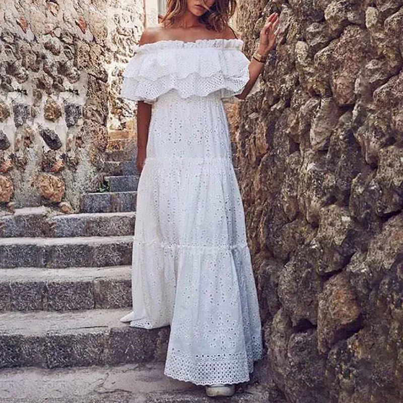 

Fashion Newest Stylish 2019 Summer Runway Designer Dress Women's Slash Neck Cutting Out Embroidery Cotton Dress