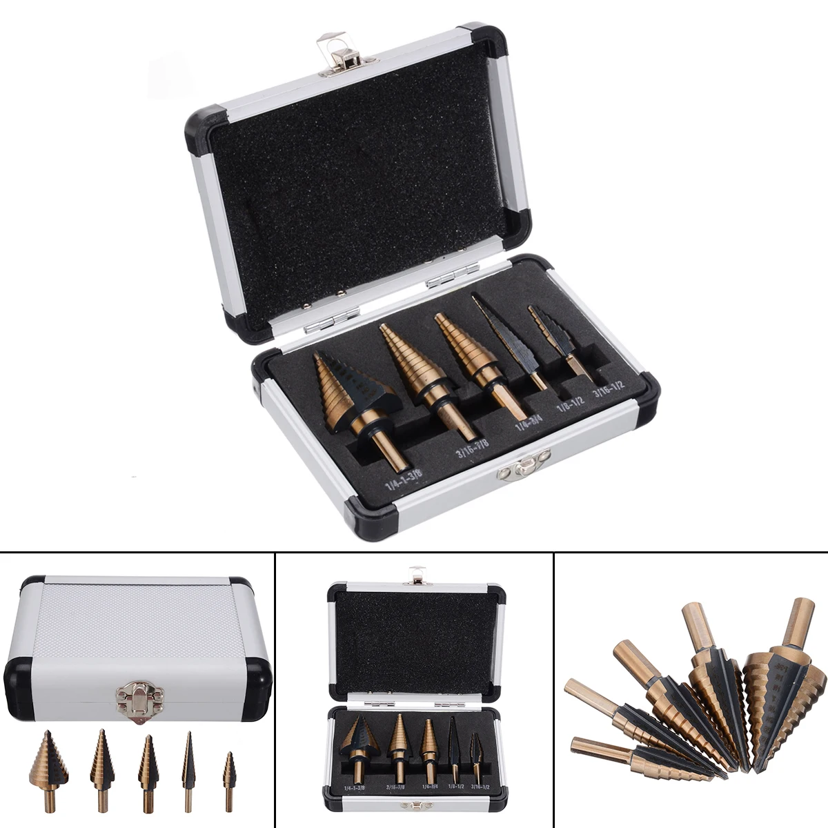 

5pcs/set HSS Titanium Cone Step Drill Hole Cutter Bits Set with Aluminum Case 50 Sizes Step Power Tool Drill Bit