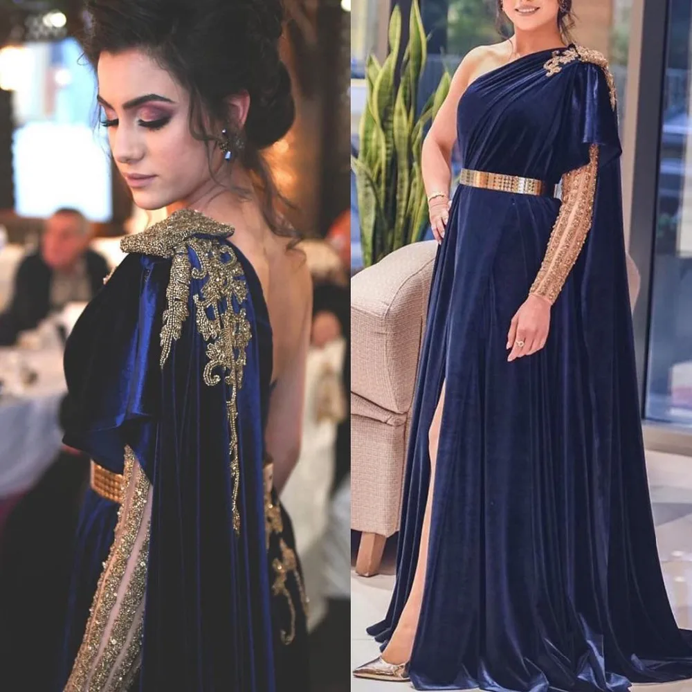 

Elegant Navy Blue Evening Dresses One Shoulder Long Sleeves Beading Sexy Backless Velvet Women Prom Dress Plus Size Party Gowns
