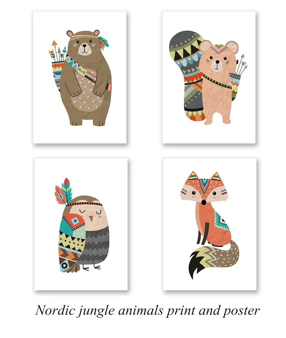 Indian Style Retro Cartoon Animals Art Printable Canvas Painting Poster And Print Wall Picture For Kids Room Nursery Decoration (1)