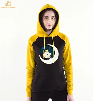 

2019 Spring Autumn Kawaii Sweatshirts Sailor Moon Print Women Raglan Sleeve Hooded Warm Fleece Casual Hoodie Brand-Clothing