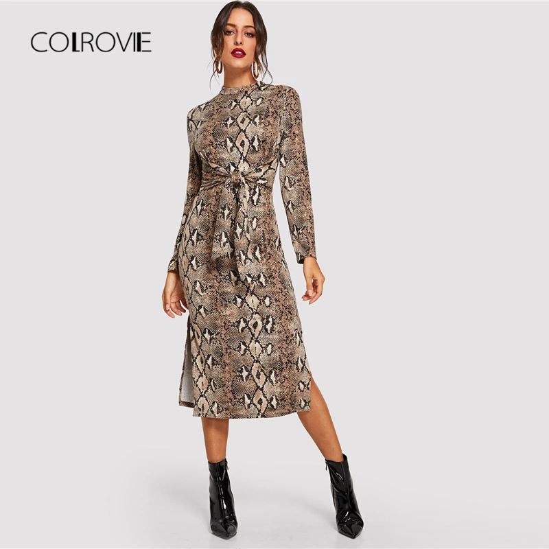 COLROVIE Mock Neck Snake Print Split Sexy Dress Women 2018 Autumn Streetwear Elegant Party Dress Bodycon Casual Midi Dresses