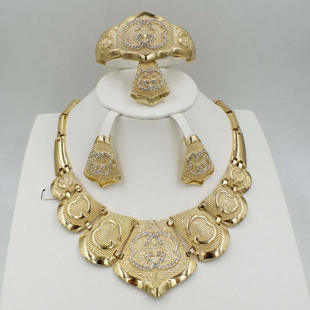

Fashion women Dubai gold-color African bead jewelry sets Bridal wedding Party shiny zircon Necklace Bangle Earring Ring