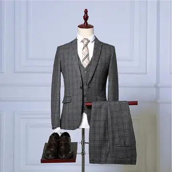 

(Jacket+Vest+Pants) 2019 Grey Suit Men Suits Fashion Grid Stripe Men's Slim Fit Business Wedding Suits For Men Tuxedos traje
