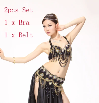 Belly Dance Costume Outfit Set Bra Top Belt Hip Scarf Bollywood Carnival 2PCS 