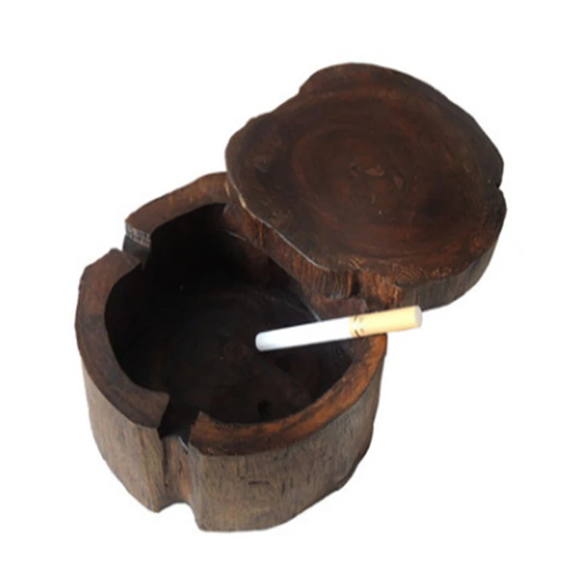 Decorative Wood Ashtray Smokeless, Natural Wooden Body with Lid