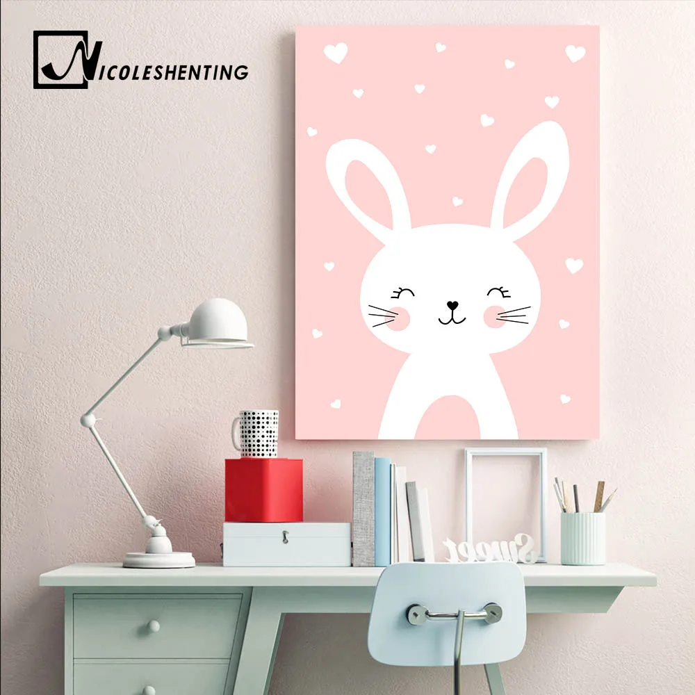 Kawaii Wall Art Canvas Nursery Poster Print Cat Rabbit Painting Nordic