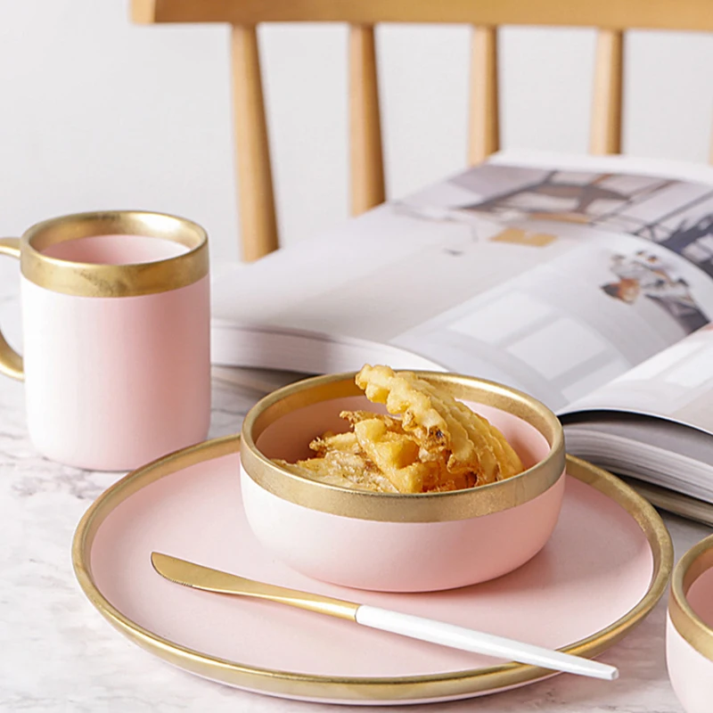 1pcs European Style Matte Powder Gold Ceramic Western Tableware Rice Dish cup Steak Dish Western Dessert Plate Nordic Style