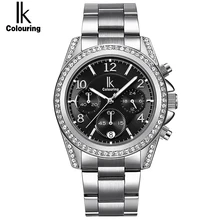 IK colouring Luxurious Rose Gold Girls’s watches Chronograph Sub Dial Full Metal Rhinestone Vogue Gown Girl’s Gown clcok