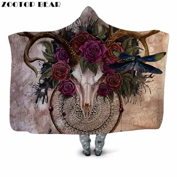 

Goat Skull Flower 3D Printed Plush Hooded Blanket for Youth Warm Wearable Couch Fleece Throw Blanket Home Office Washable Cloak