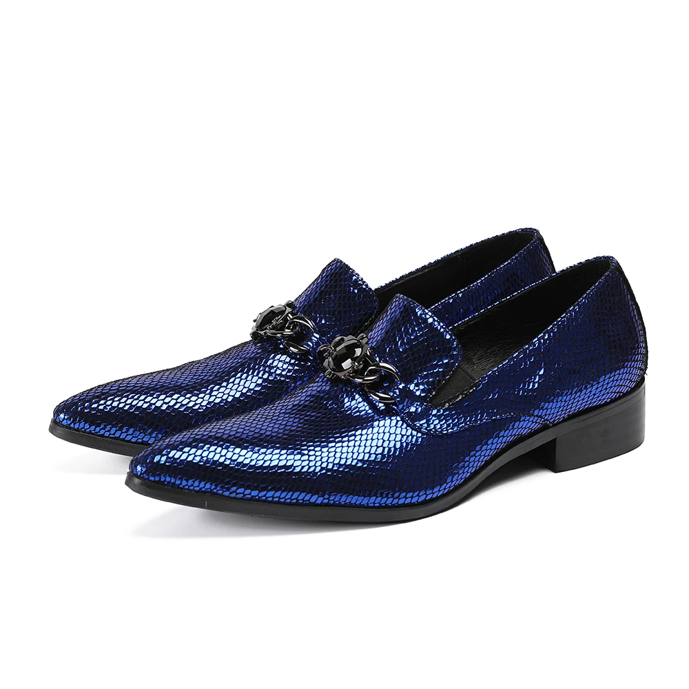 

Hot New Men Shoes Handmade High Quality Metal Chain Decor Crystal Embellished Male Shoes Med Heel Casual Leather Shoes Slip On
