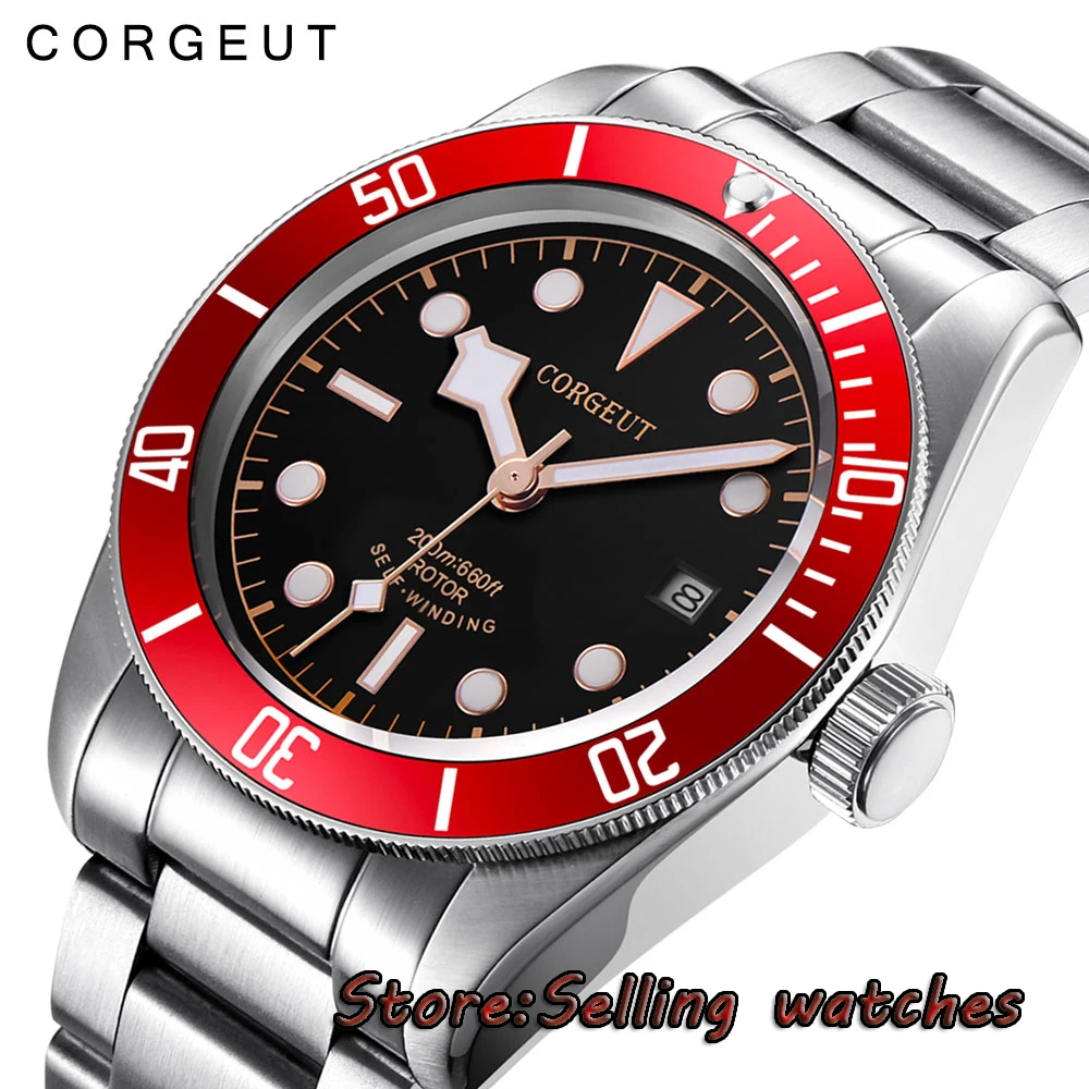 41mm corgeut black dial red bezel Sapphire 12 jewels miyota automatic mens Watch