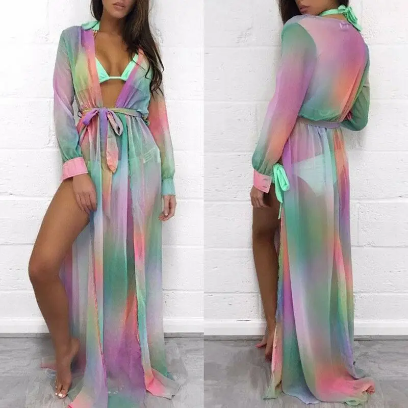 2021 Deep V Maxi Beach Dress Swimwear Women Beach Cover Up Cardigan Swimwear Bikini Cover ups Robe Sarong Kimono Kaftan Dress