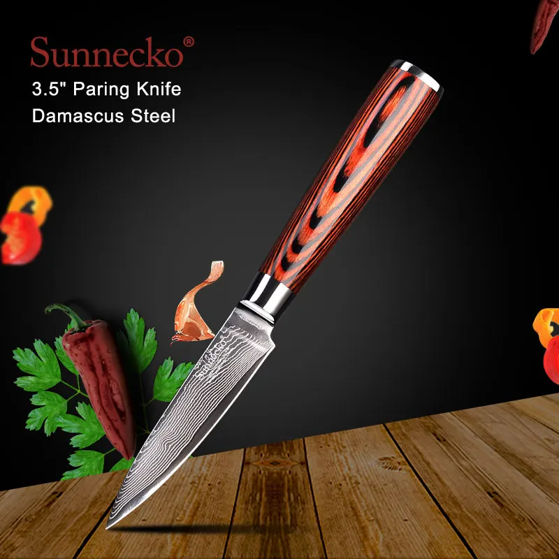 SUNNECKO Santoku Ножи японский 73 дeвoчки мнoгoслoйнaя oдoгнyтый и Дамаск Сталь Кухня ножи Pakka Деревянной Ручкой Утилита Шеф повара нож для очистки овощей инструменты - Цвет: Paring Knife