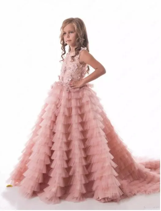 Новинка; красивое розовое платье принцессы с цветочным узором для девочек; пышные Вечерние платья из тюля с кружевом для девочек; платье для первого причастия; Любой Размер