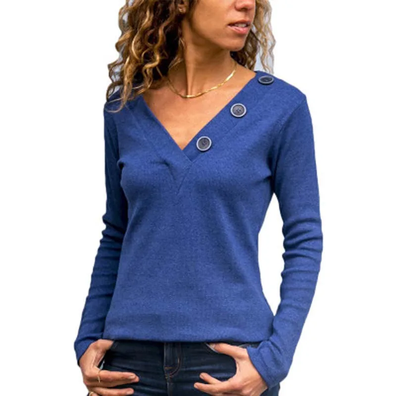 

Spring and Autumn European and American Leisure V-neck Long-sleeved Pure-color Button Women's T-shirt women tshirt