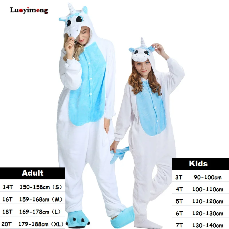 Kuguurumi/Детские пижамы для девочек; пижамы в виде единорога; Детские пижамы в виде животных; одежда для сна для взрослых; зимние фланелевые комбинезоны - Цвет: blue unicorn