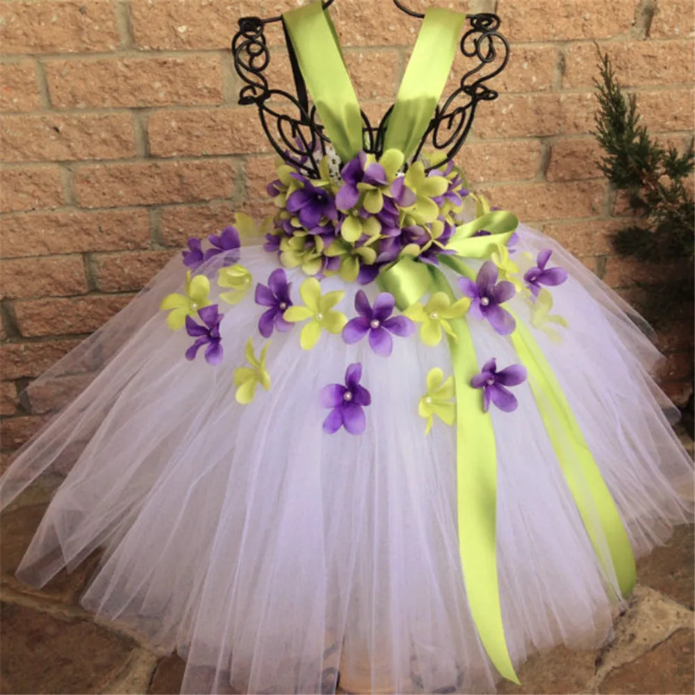 Зеленое платье-пачка с цветочным узором для девочек Детские платья принцессы из тюля для девочек на день рождения, свадьбу, вечеринку костюм феи с цветами для девочек От 1 до 14 лет