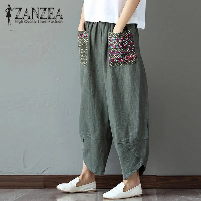ZANZEA Autumn Retro Print Pockets Women Elastic Waist Loose Long Trousers Linen Harem Pants Cotton Casual Splice Pantalon ZANZEA Autumn Retro Print Pockets Women Elastic Waist Loose Long Trousers Linen Harem Pants Cotton Casual Splice Pantalon