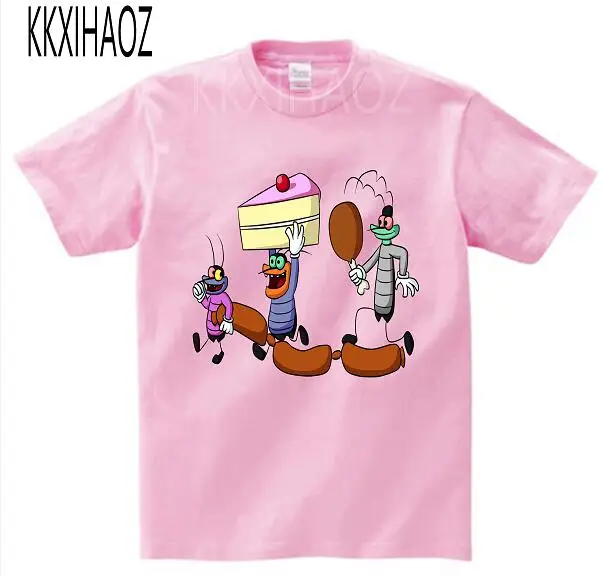 Детская летняя футболка для мальчиков и девочек с дыхательными упражнениями детская хлопковая Футболка с принтом Oggy и тараканы - Цвет: Розовый