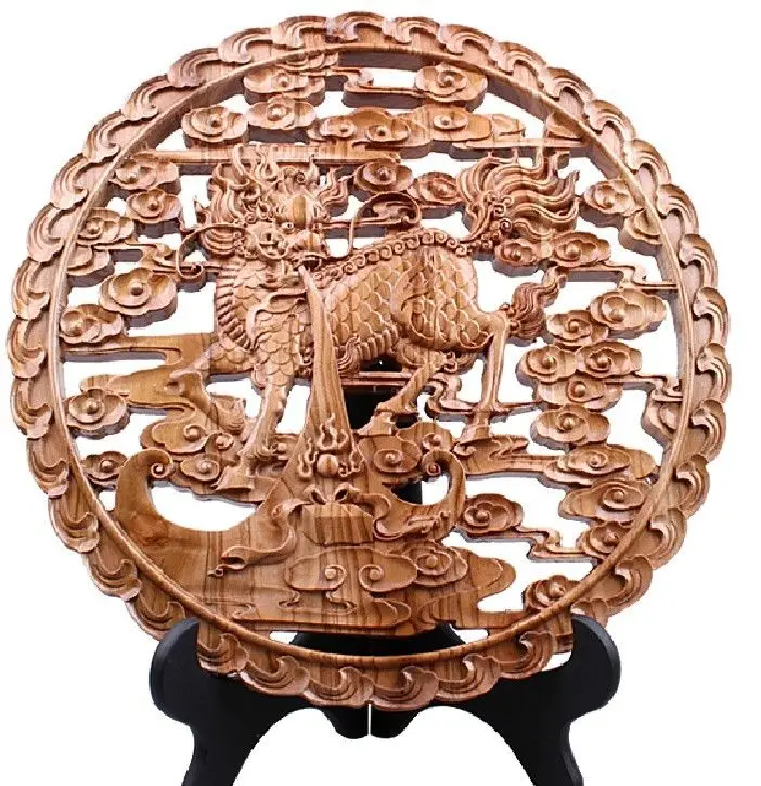 

DS 12" China peach wood handwork Feng Shui dragon son kylin wallplate Statue