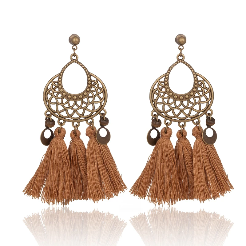 Women Fashion Boho Ethnic Vintage Statement Tassel Fringe Dangle Drop Earrings Retro Wedding Party Jewelry Ornament