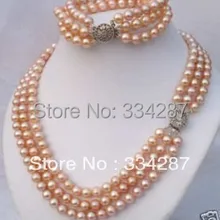 3 ряда 6-7 мм розовый морской жемчуг Жемчужное ожерелье браслет