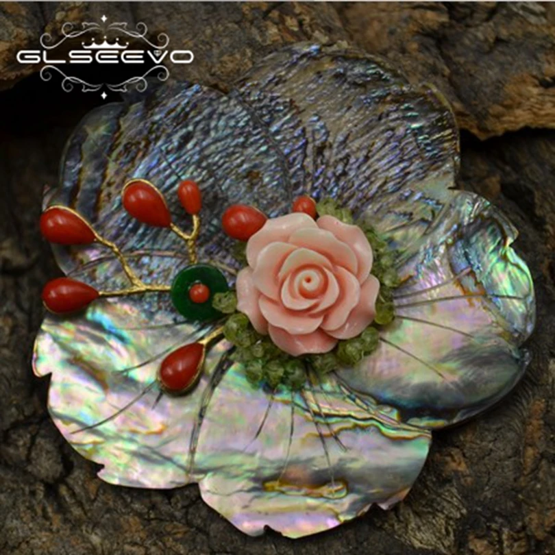

XlentAg Natural Mother Of Pearl Flower Brooch Pins Agate Coral Flower Brooches For Women Dual Use Luxury Fine Jewellery GO0271