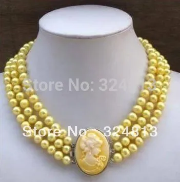 

Free shipping@@@@@ 3Row Yellow Pearl Necklace Cameo Beauty Clasp a