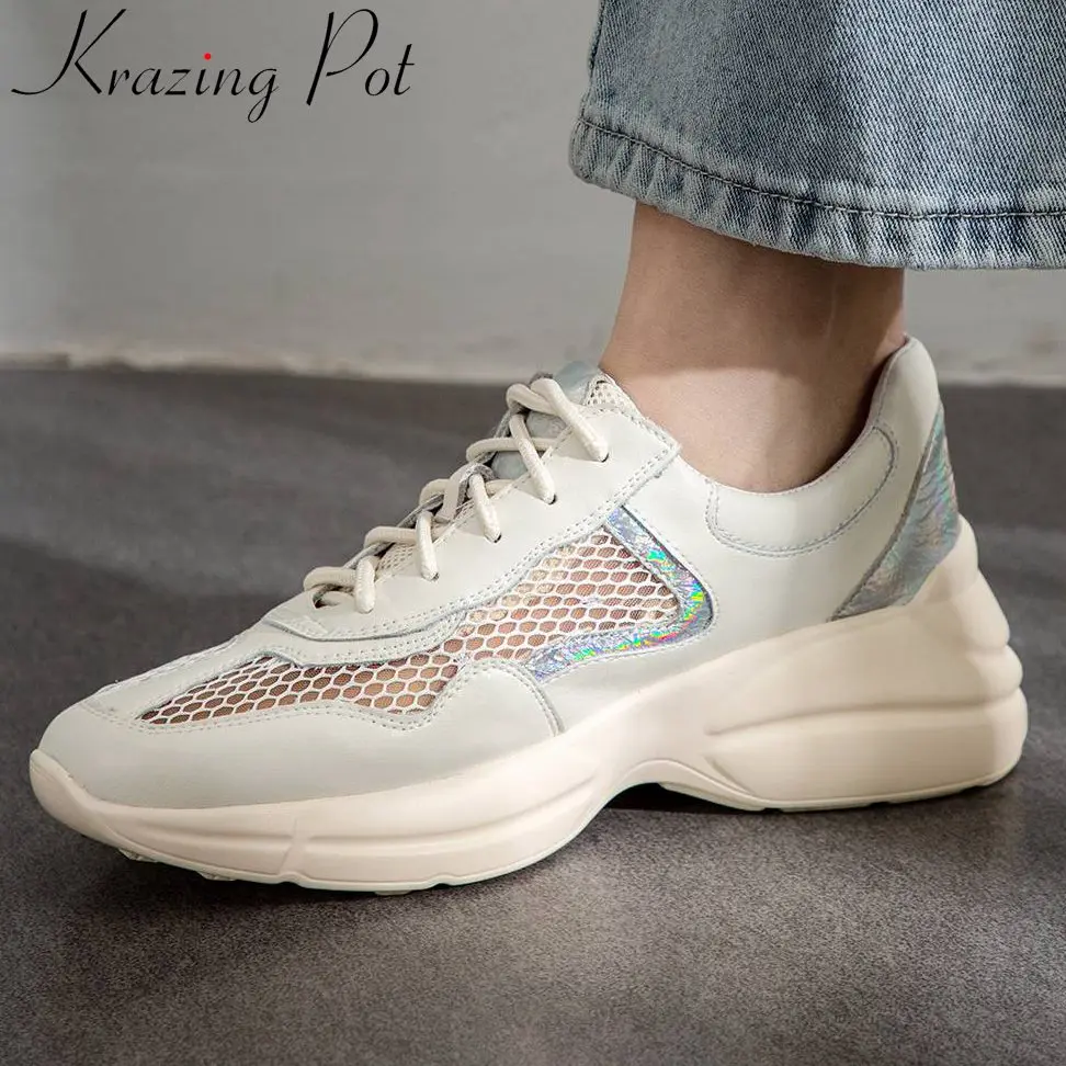 

krazing pot full grain leather ventilated mesh round toe lace up white sneakers high bottom platform women vulcanized shoes L68