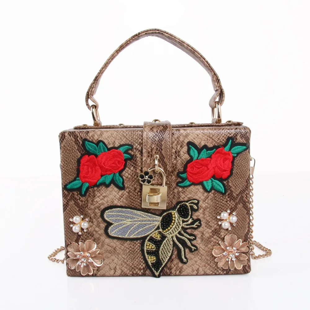 PU Embroidery Red Rose Flower Beaded Fashion Women Shoulder Handbags