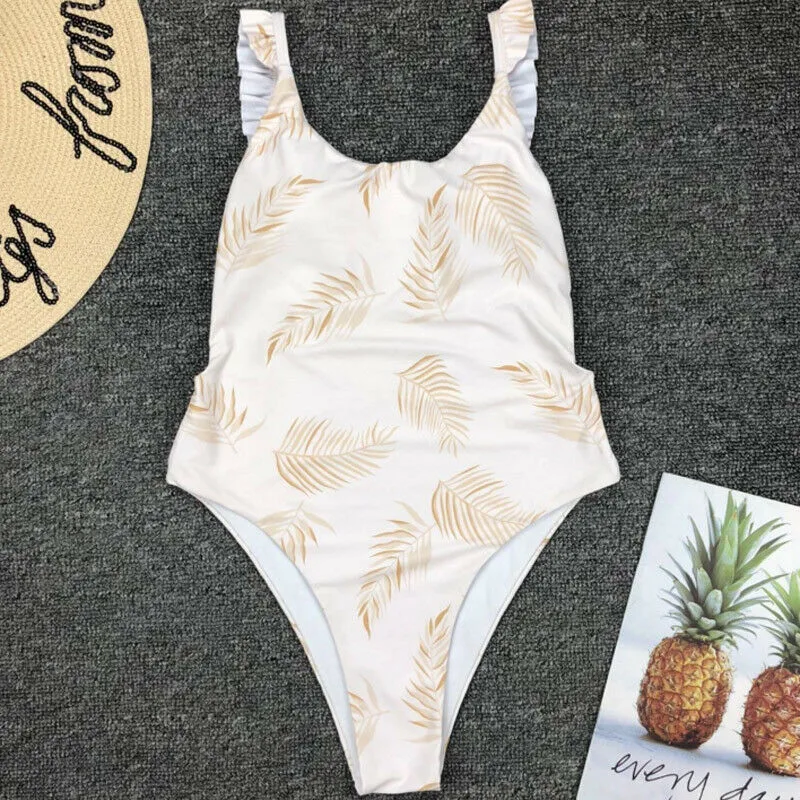 

New one piece ruffle monokini Women Swimsuit Padded leaves print Brazilian beach bathing suit Costume Sexy femme push up bikinis