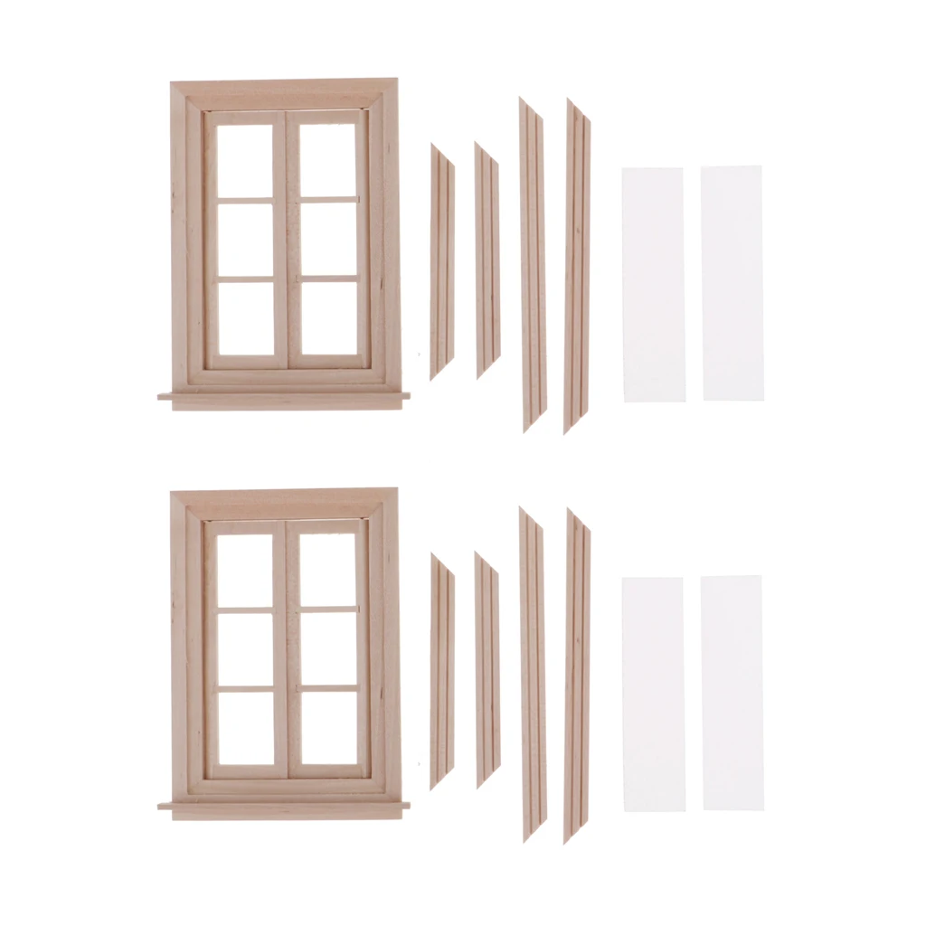 2 Set Unpainted 1/12 Dolls House Miniature Wooden Movable 6 Pane Double Window Model DIY Accessories Collections