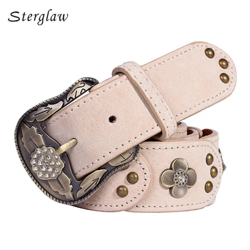 

2020 Newest design vintage Flowers female belts high grade cow genuine leather Belts for women jeans Brass buckles straps C108