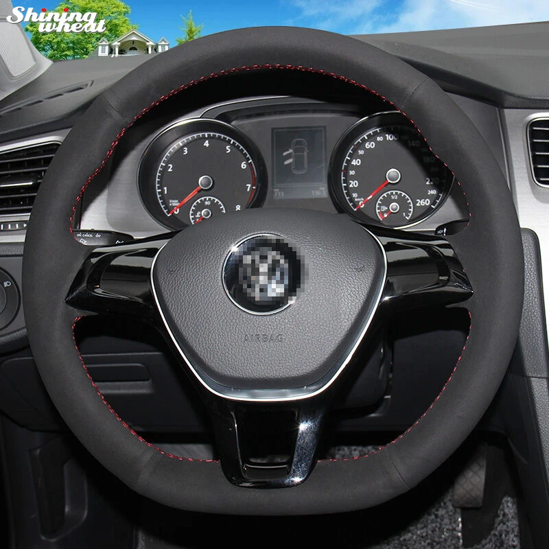 

Shining wheat Hand-stitched Black Suede Steering Wheel Cover for Volkswagen VW Golf 7 Mk7 New Polo Jetta Passat B8