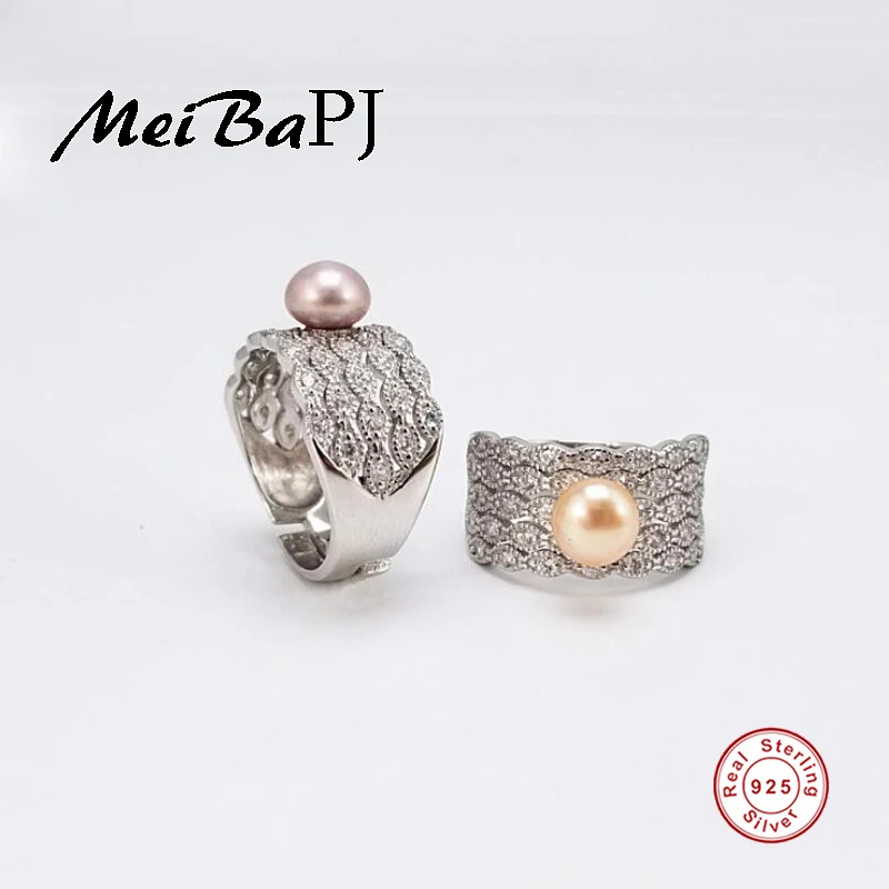 

[MeiBaPJ] Simple Fashion 925 Sterling Silver Personality Ring Natural Freshwater Pearl Ring for Women Fine Jewelry Gift Box