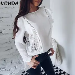 VONDA Blusas Femininas Для Женщин Осенние блузки 2018 Caual с длинными рукавами и круглым вырезом Кружева Лоскутные рубашки свободные оборками