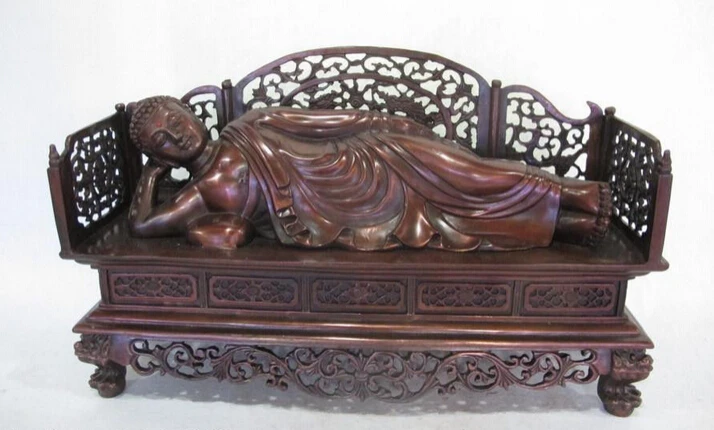 

bi002513 Tibet Buddhism red Bronze Copper Rest Sleep Sakyamuni Tathagata Buddha Statue
