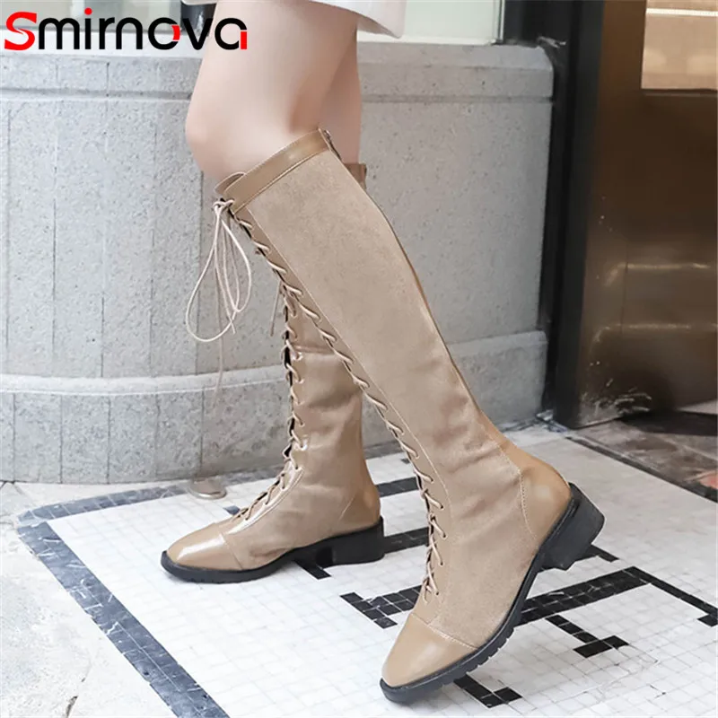 

Smirnova long boots ladies 2018 NEW elegant lace up knee high boots high heels suede leather boots autumn woman shoes khaki